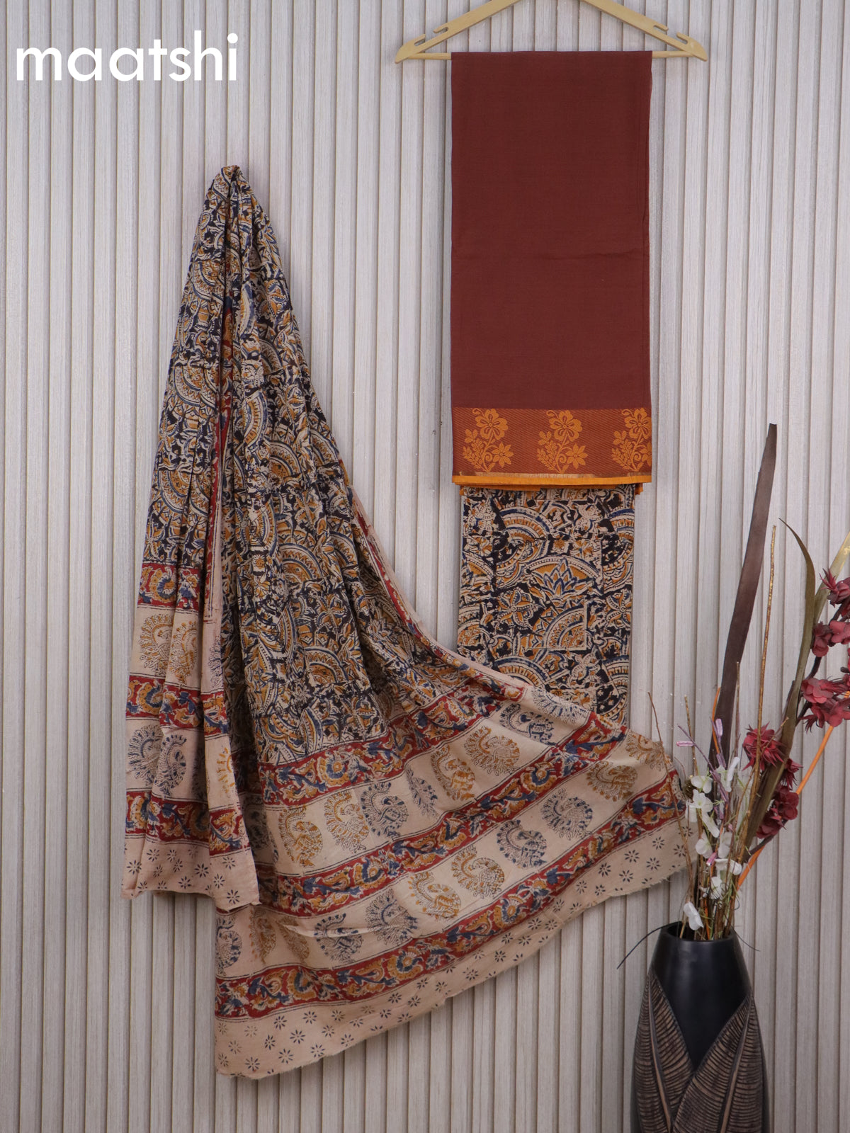 Cotton dress material brown and black beige with plain body & thread woven  border and kalamkari bottom & dupatta