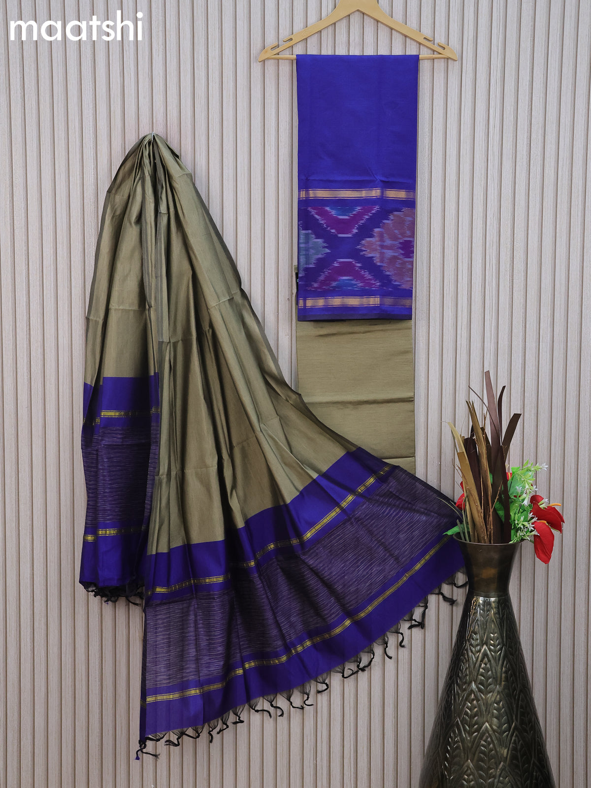Ikat dress material blue and elaichi green with plain body ikat wove Maatshi