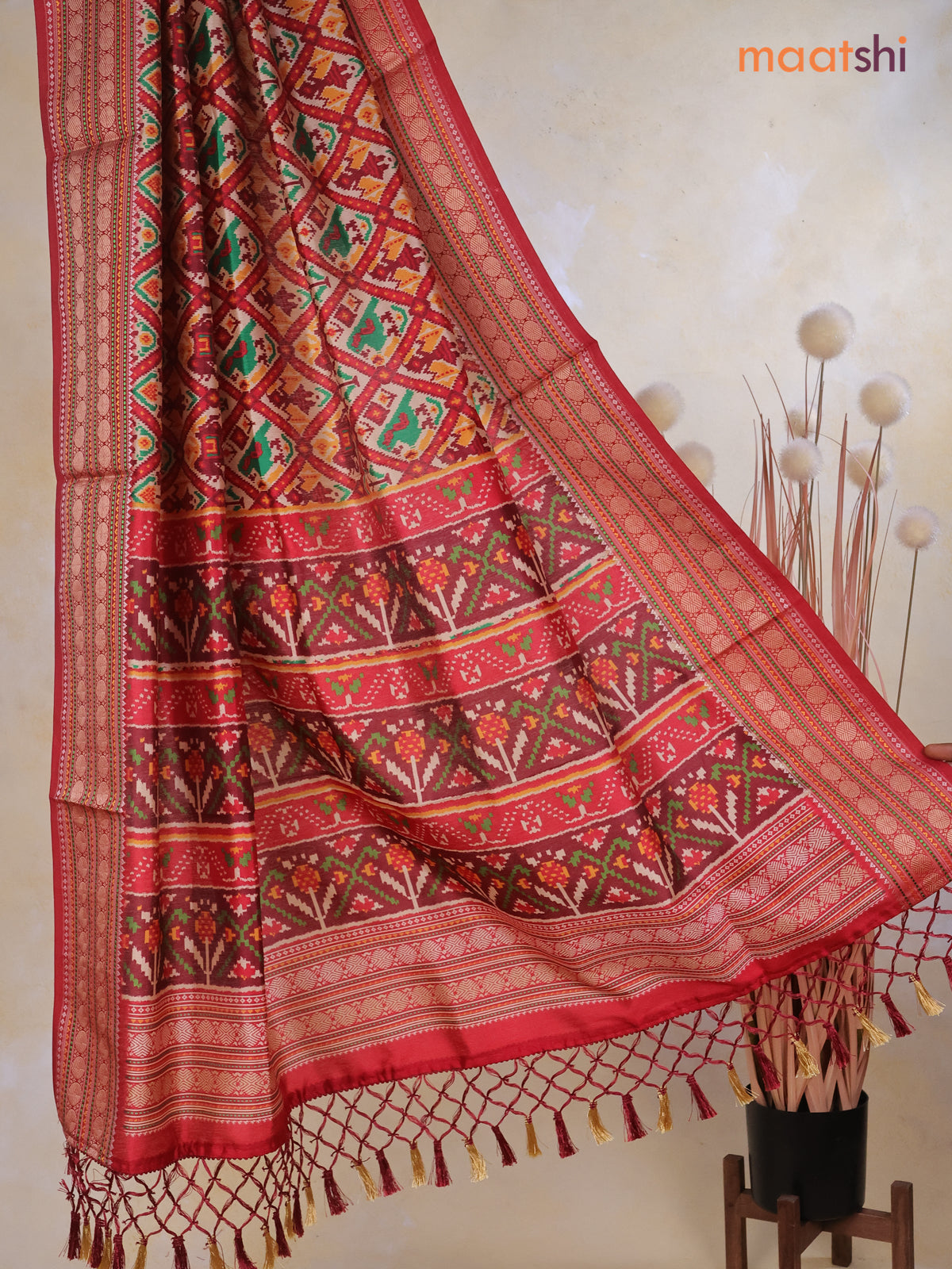 Tussar Ikat dupattas beige and maroon with allover patola prints and thread woven border