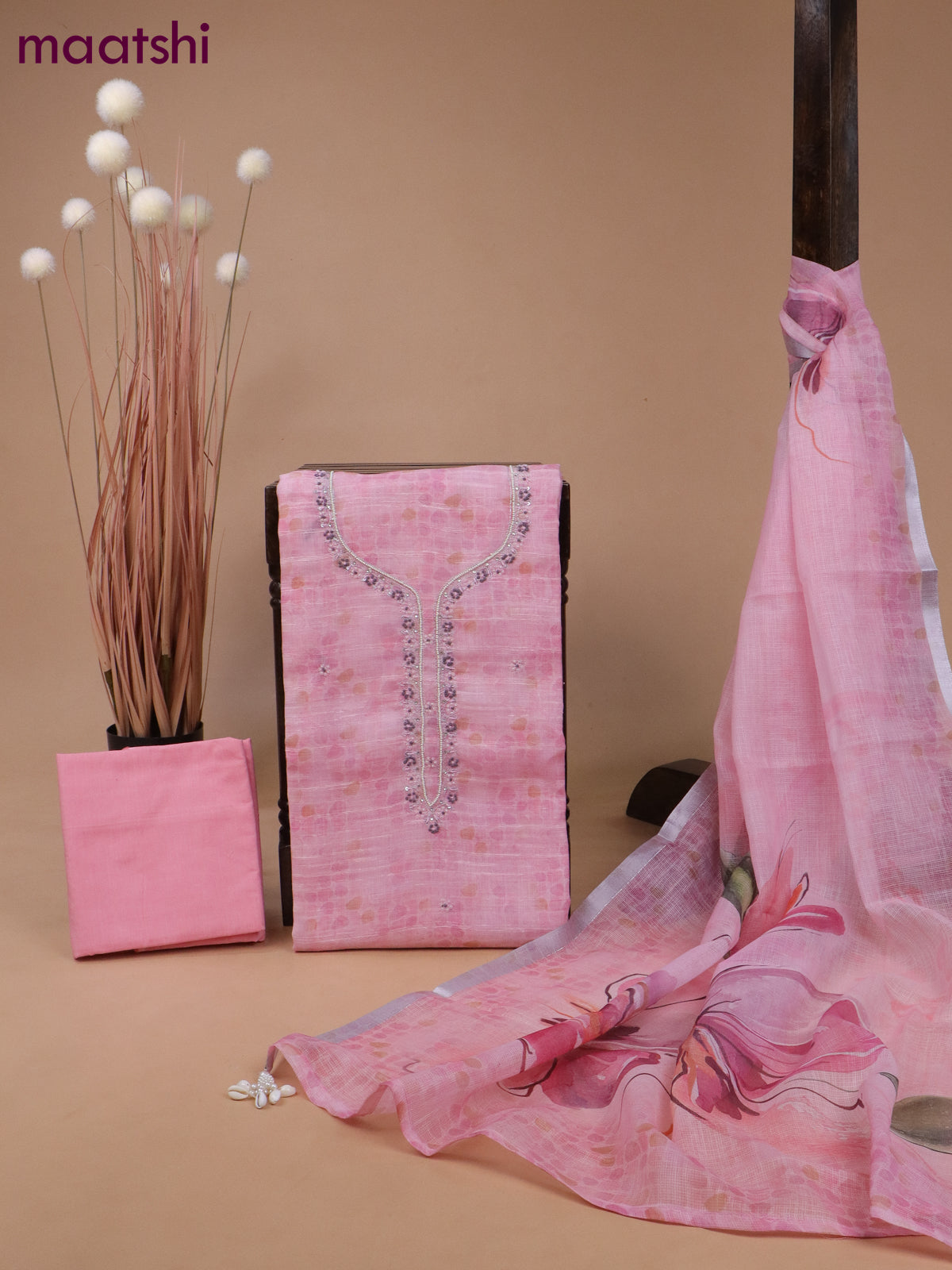 Linen cotton dress material pink with allover prints & embroidery beaded work neck pattern and bottom & kota dupatta