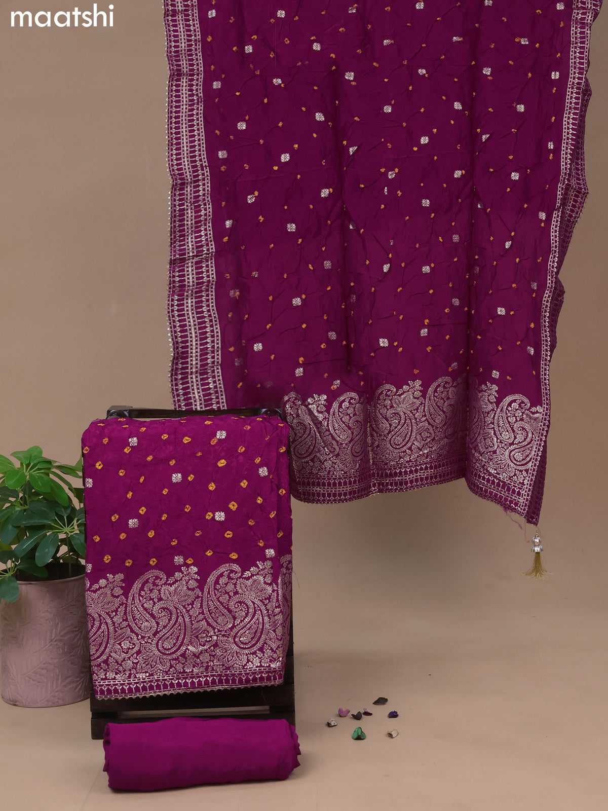 Banarasi silk dress material magenta pink with allover self emboss