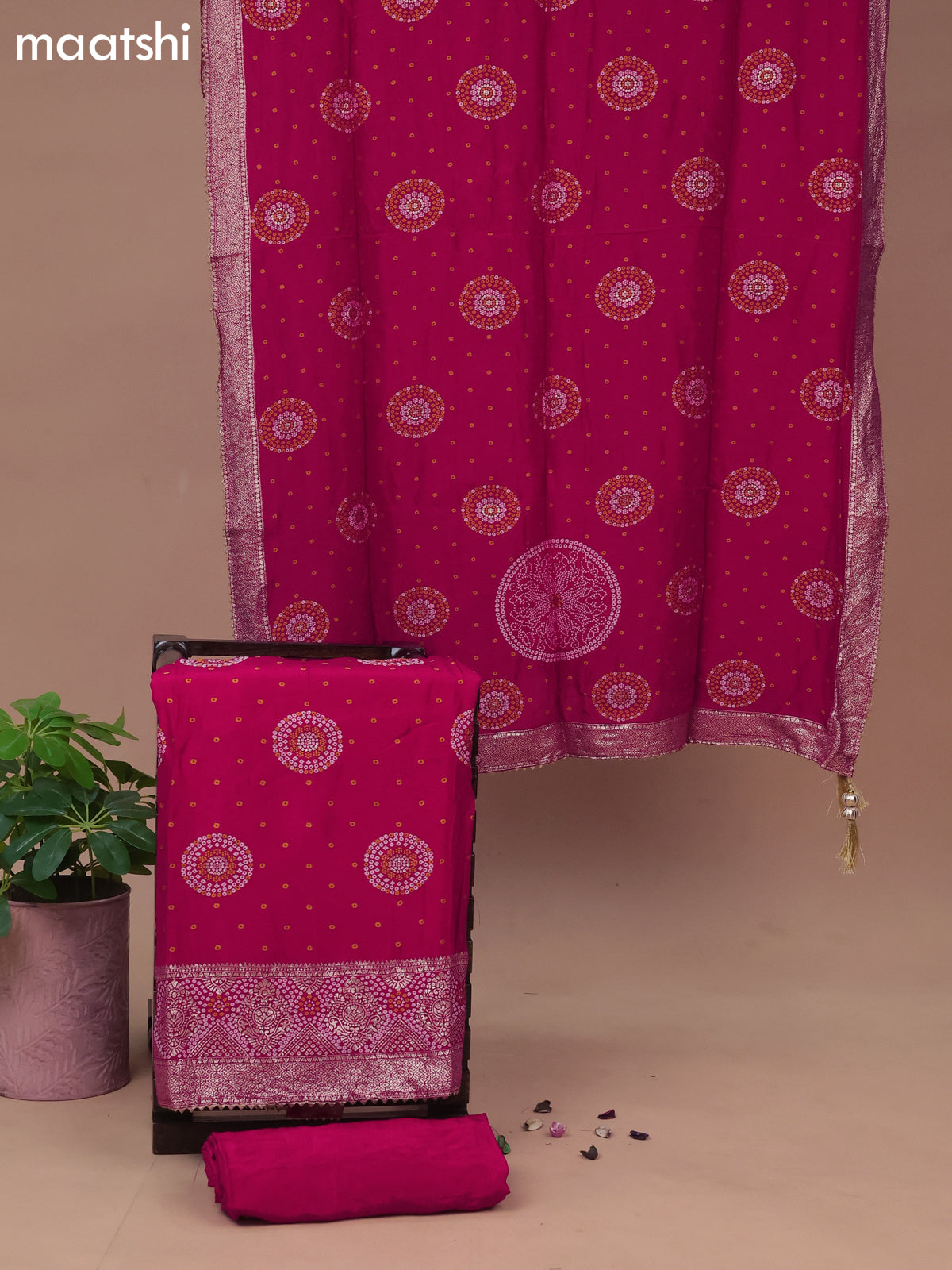 Banarasi silk dress material pink with allover bandhani weaves and bot