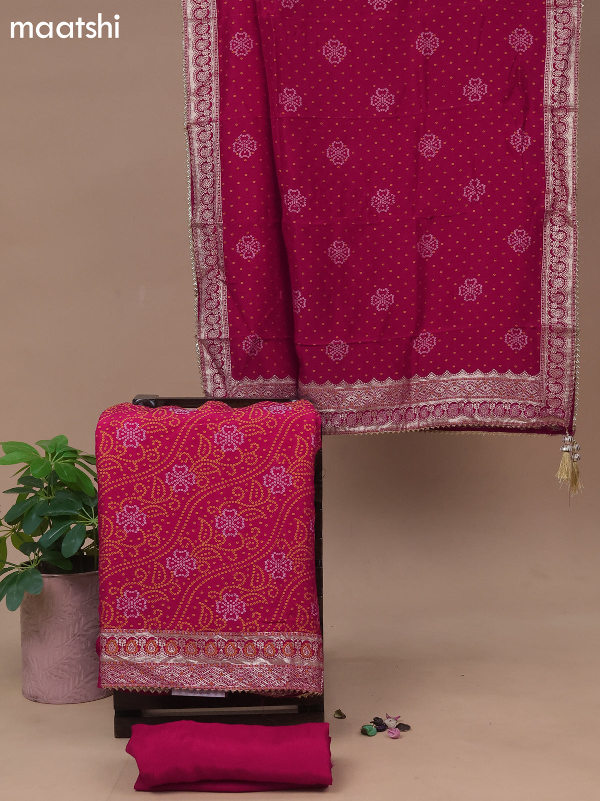 Banarasi silk dress material pink with allover bandhani weaves and