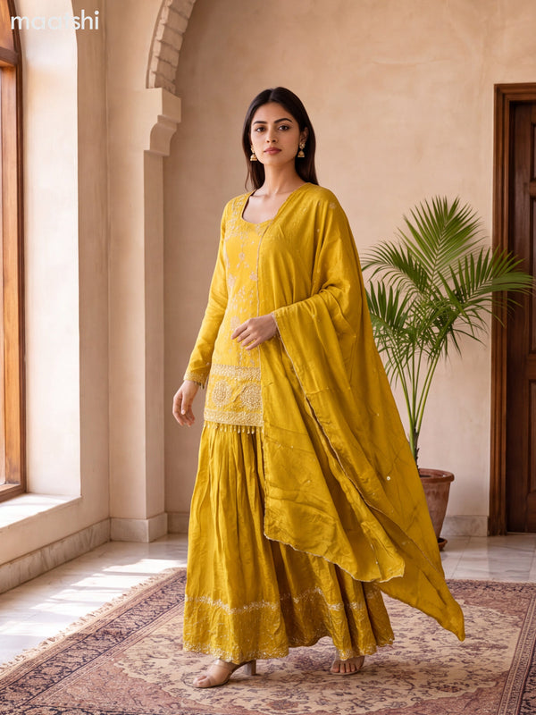 Yellow Art Silk Elegant Heavy Embroidery Work Short Straight Suit