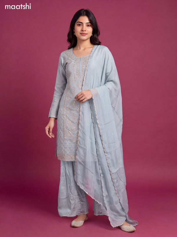 Pastel Blue Tissue Heavy Embroidery Work Straight Suit