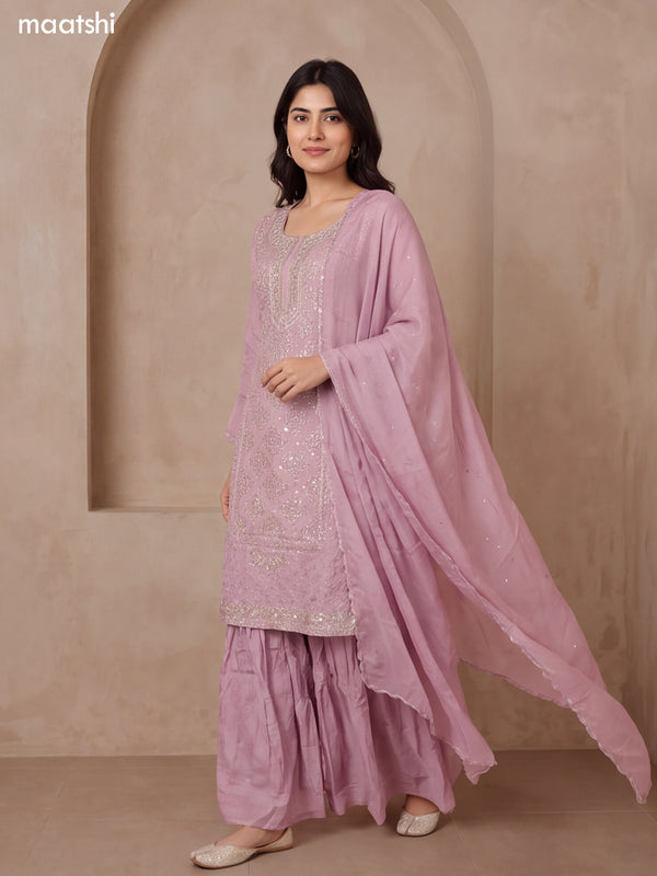 Pastel Pink Tissue Heavy Embroidery Work Straight Suit
