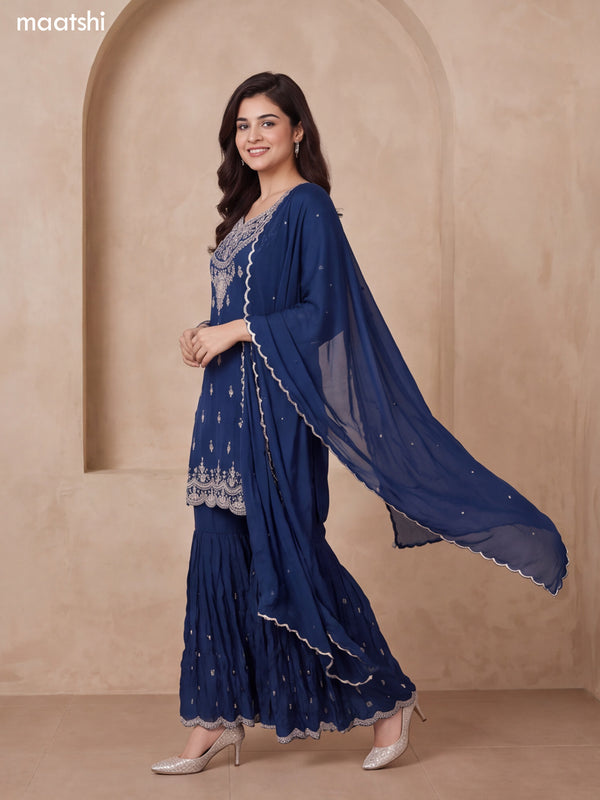 Peacock Blue Silk Heavy Embroidery Work Short Straight Suit