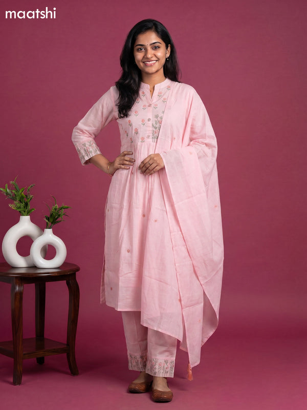 Lotus Pink Cotton Embroidery Work Straight Suit