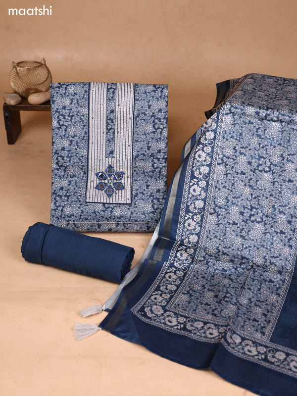 Blue and Biege Art Silk Dress Material With Floral Printed & Embroidery Work Neck Pattern and Bottom & Dupatta