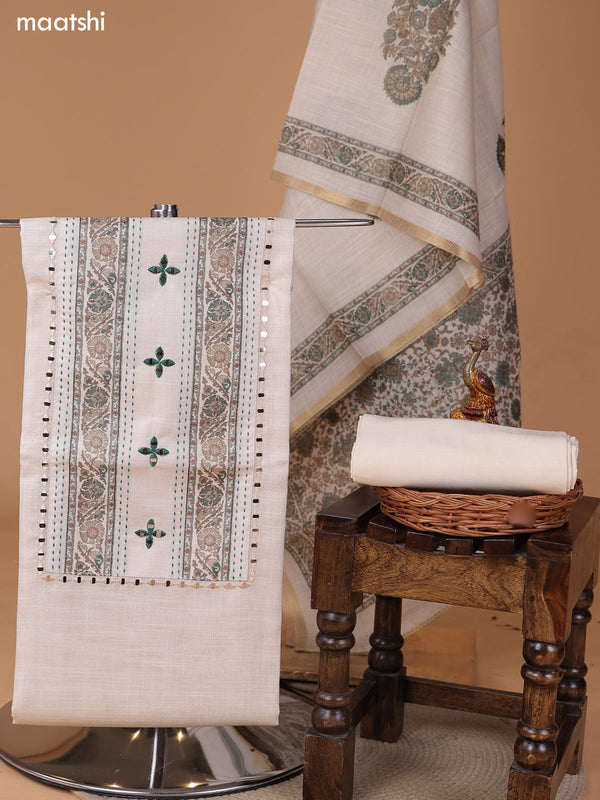 Biege and Sap Green Tissue Linen Dress Material With Floral Prints & Embroidery Work Neck Pattern and Bottom & Duptta