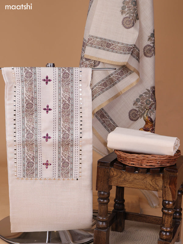Biege and Maroon Tissue Linen Dress Material With Floral Prints & Embroidery Work Neck Pattern and Bottom & Duptta