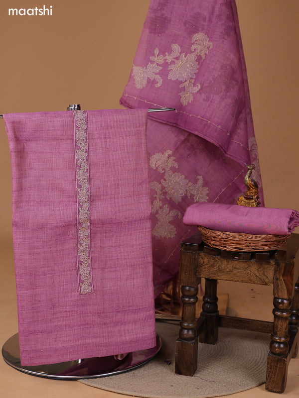 Pink Tissue Linen Dress Material With Floral Prints & Simple Embroidery and Bottom & Zari Dupatta