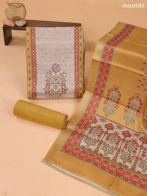 Mustard Yellow and Biege Art Tussar Dress Material With Prints & Floral Embroidery Work and Bottom & Dupatta