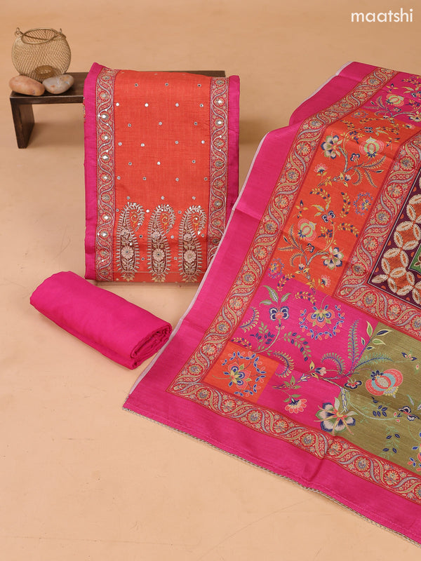 Rani Pink and Orange Art Tussar Dress Material Floral Prints & Embroidery Work Neck Pattern and Bottom & Dupatta