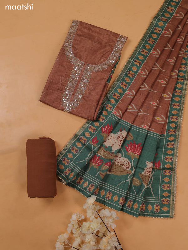 Pastel Brown Art Tussar Dress Material With Embroidery Work Neck Pattern and Bottom & Dupatta