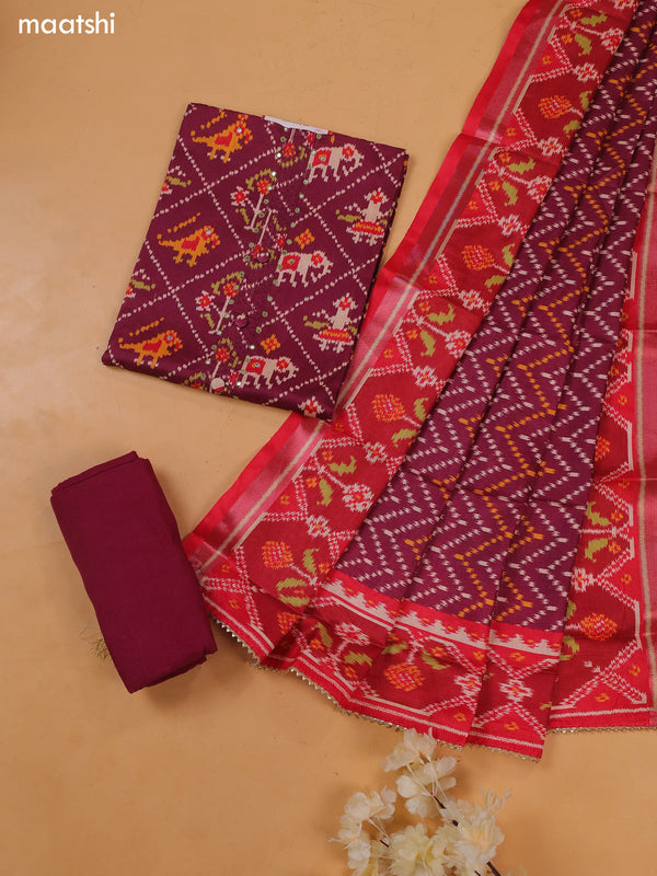 Dark Wine Art Tussar Dress Material With Ikat Prints and Bottom & Dupatta