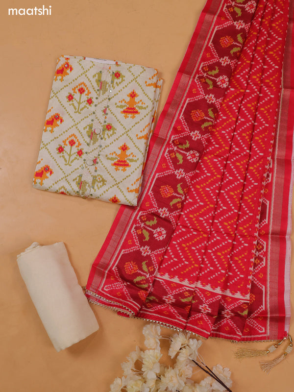 Off White Art Tussar Dress Material With Ikat Prints and Bottom & Dupatta