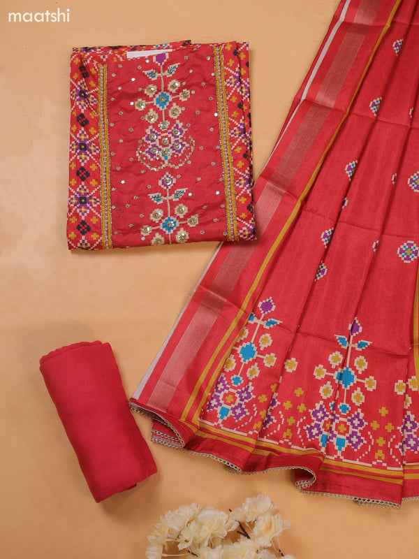 Red Art Tussar Dress Material With Printed & Embroidery Work Neck Pattern and Bottom & Dupatta