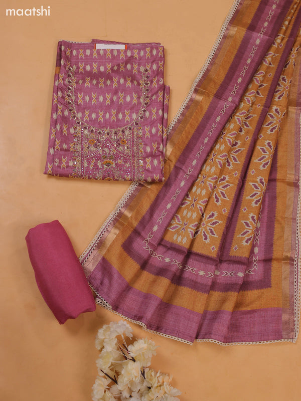 Mauve Pink and Mustard Art Tussar Dress Material With Ikat Weaves & Zardosi Work Neck Pattern and Bottom & Dupatta