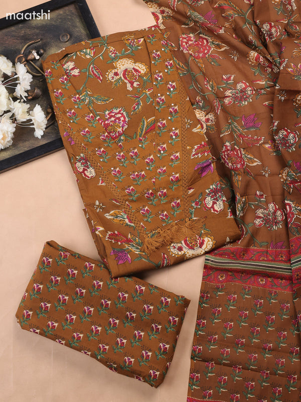Brown Cotton Dress Material With Floral Butta Prints