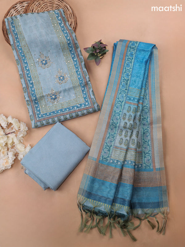 Blue Munga Cotton Dress Material Withallover Butta Prints & Embroidery Work Neck Pattern