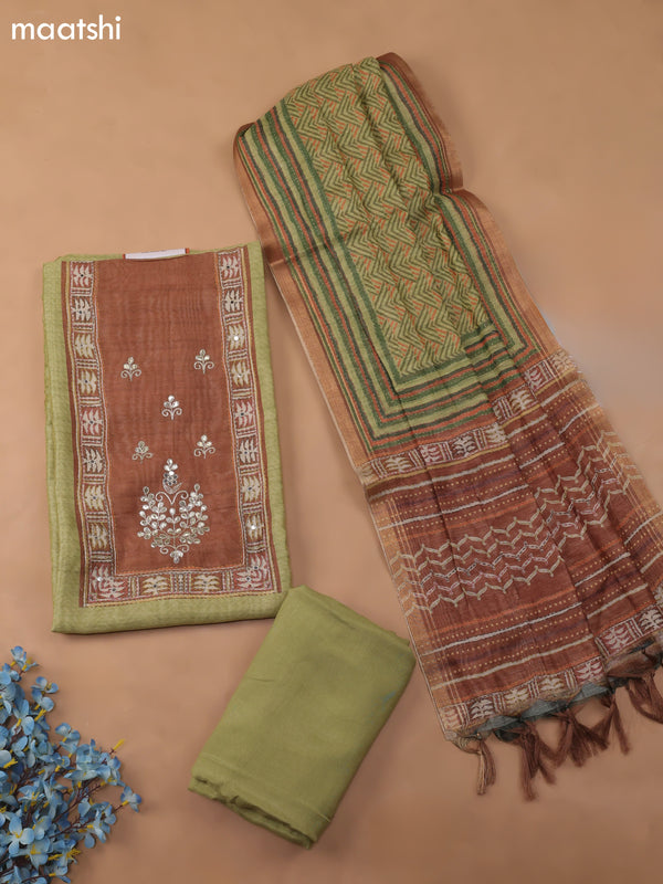 Green Chanderi Dress Material With Pitta Work Neck Pattern and Bottom & Dupatta