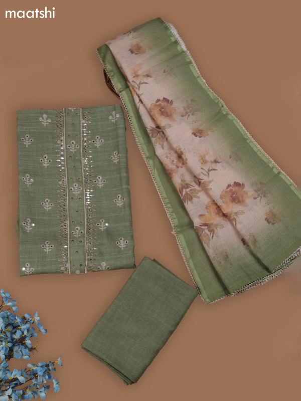 Green Chanderi Dress Material With Butta Prints & Gotta Patti Neck Pattern and Bottom & Dupatta