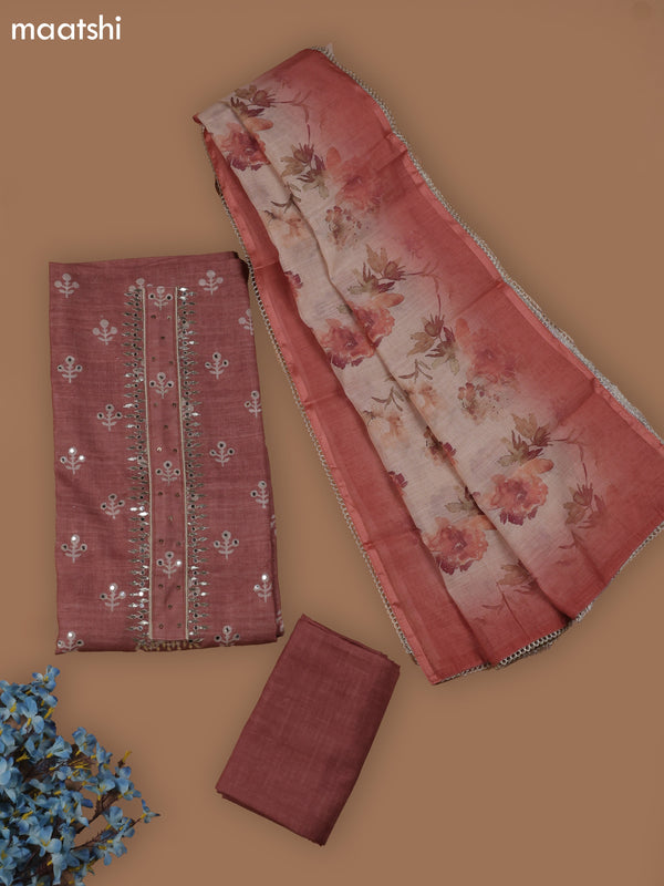 Brown Chanderi Dress Material With Butta Prints & Gotta Patti Neck Pattern and Bottom & Dupatta