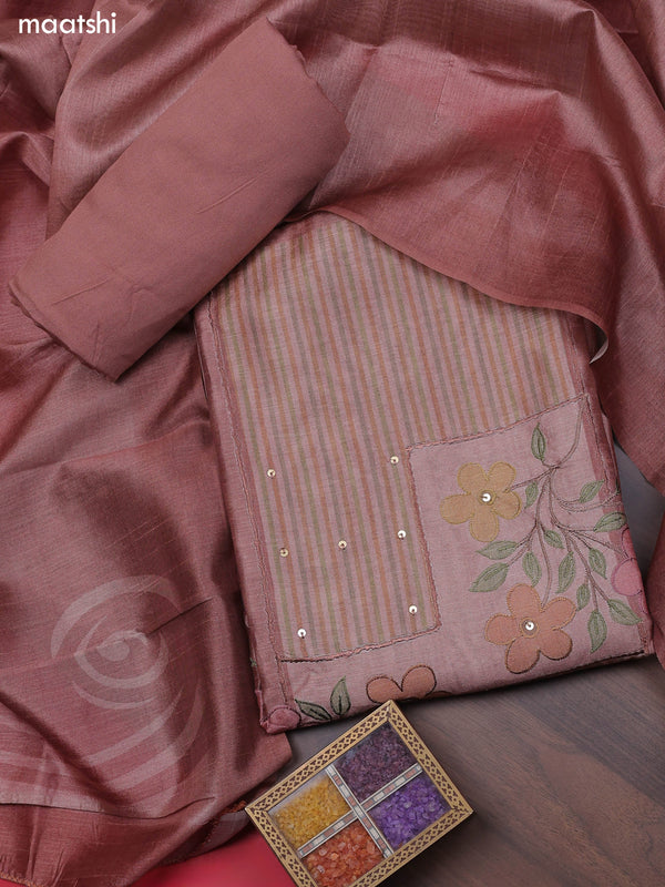Dark Peach Chanderi Dress Material With Patch Work Neck Pattern