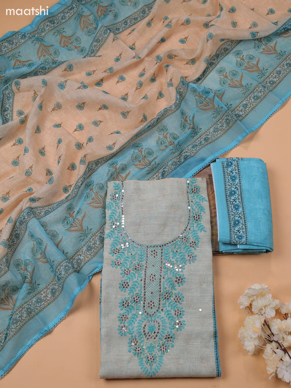 Teal Blue and Chanderi Dress Material With Embroidery Work and Bottom & Dupatta