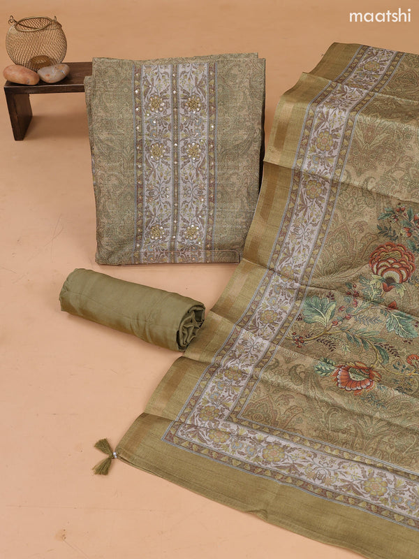 Mehendi Green and Sandal Art Tussar Dress Material With Prints & Embroidery Work Pattern and Bottom & Dupatta