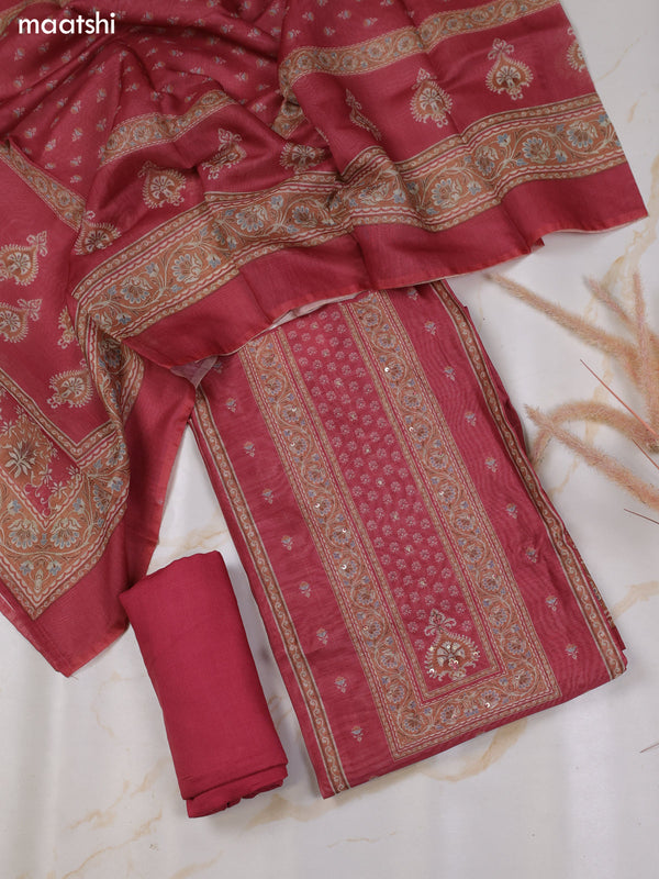 Dark Mauve Pink Chanderi Dress Material With Allover Floral Prints & Simple Embroidery Work Neck Pattern and Bottom & Dupatta