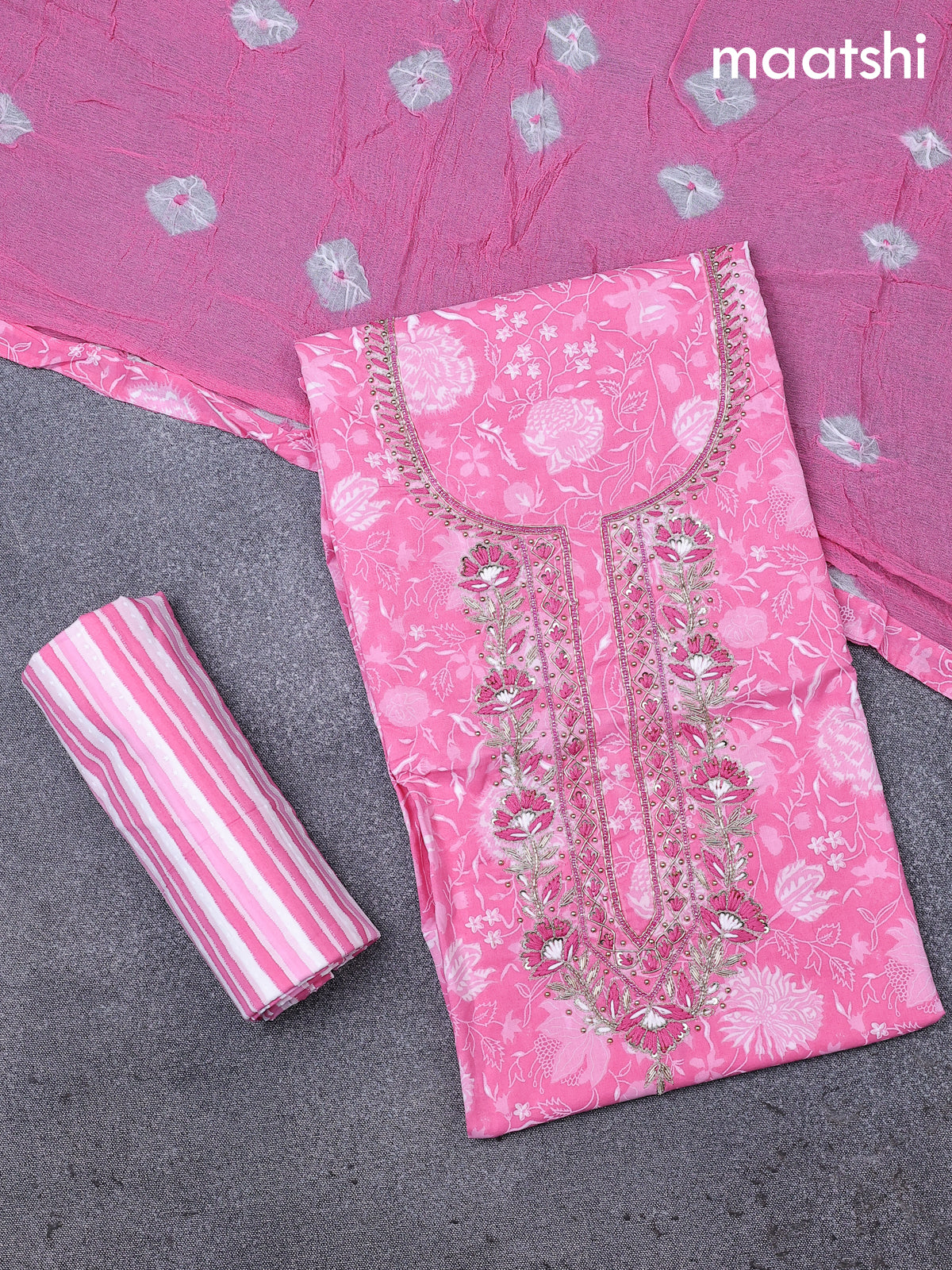 Cotton dress material light pink and off white with allover floral pri