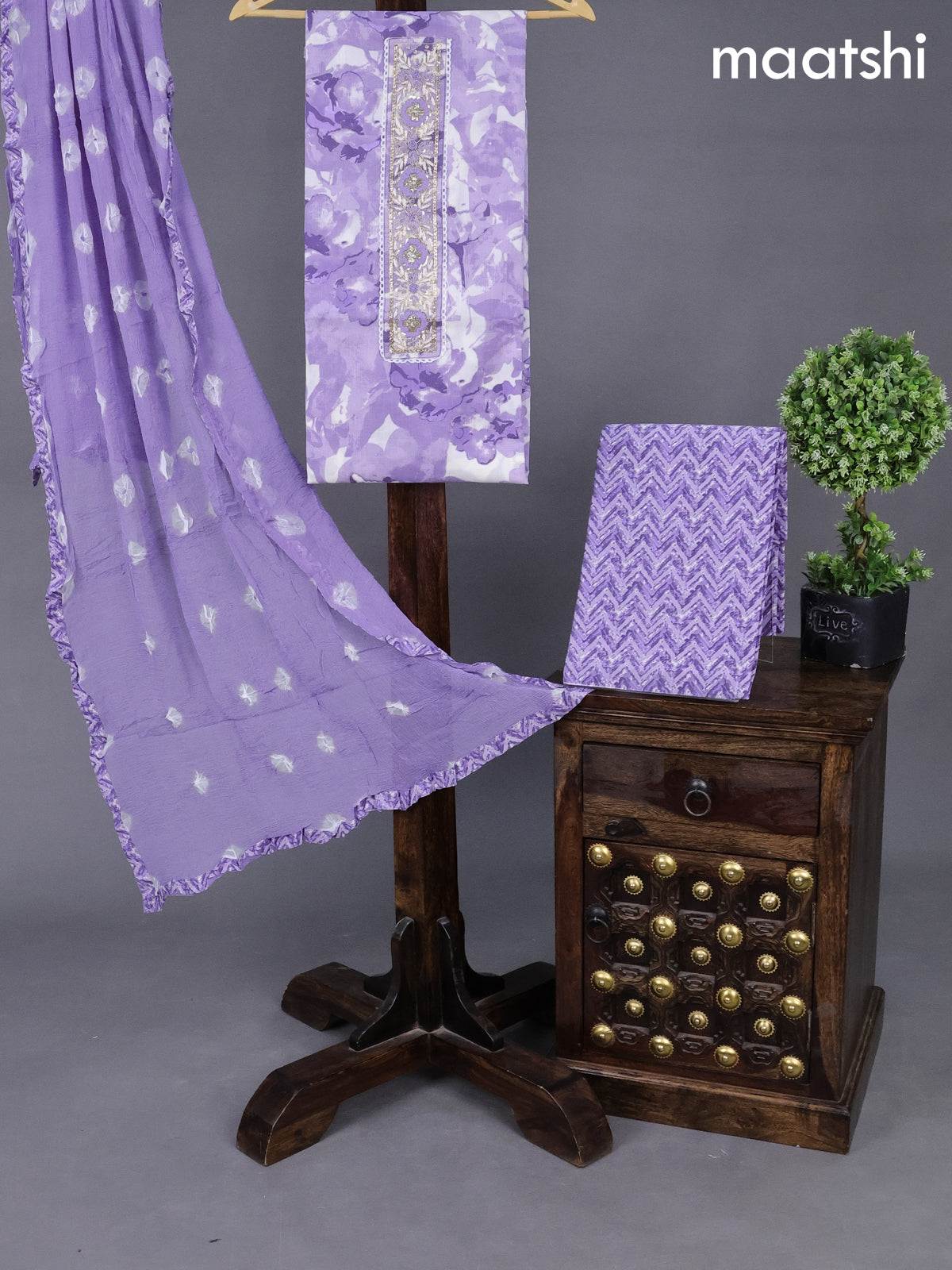 Cotton dress material lavender shade with allover prints & embroidery  zardosi work neck pattern and bottom & chiffon dupatta