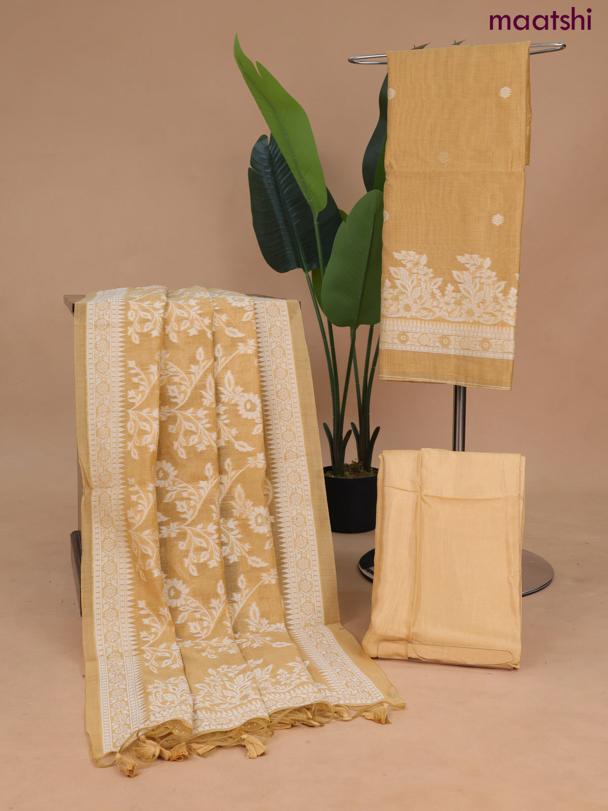 Munga cotton dress material sandal with thread & zari woven buttas and bottom & dupatta