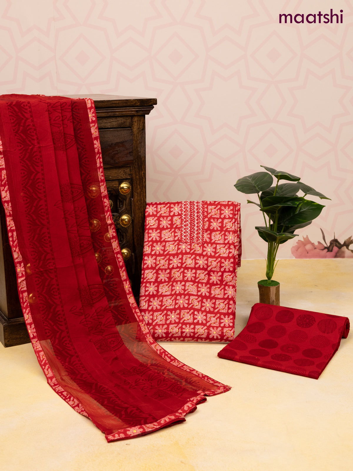 Rayon dress material red with allover prints & embroidery work neck pa   Maatshi
