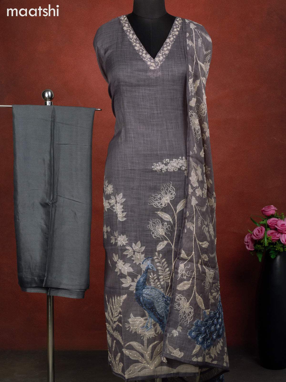 Linen cotton dress material grey and blue with peacock design french kont work & v neck pattern and bottom & french kont work dupatta Linen cotton dress material grey and blue with peacock design french kont work & v neck pattern and bottom & french kont work dupatta