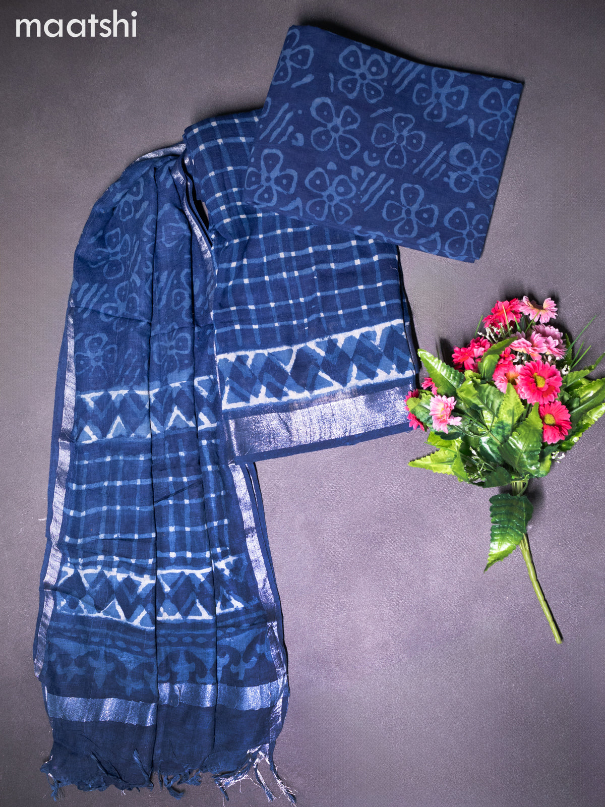 Linen cotton dress material indigo blue with allover checked pattern and bottom & dupatta Linen cotton dress material indigo blue with allover checked pattern and bottom & dupatta