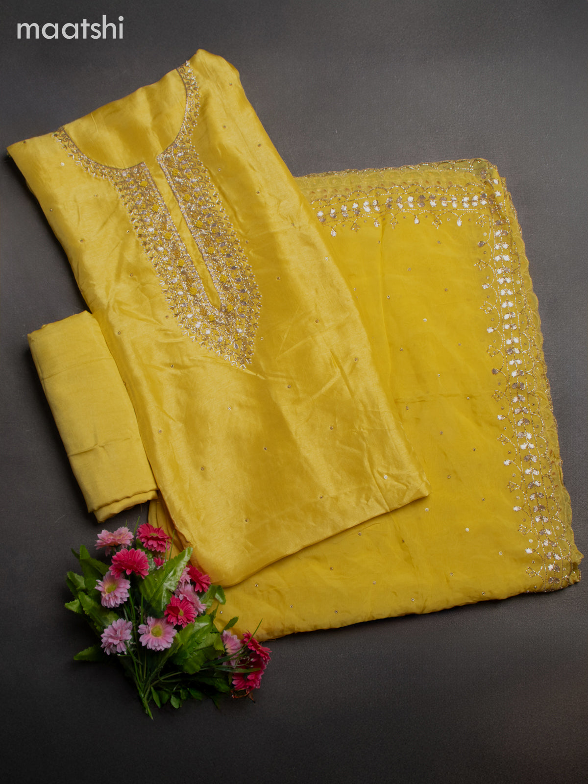 joan collins gold dress Yellow Pure Khaddi Georgette Banarasi Dress material — The Handlooms main image 1