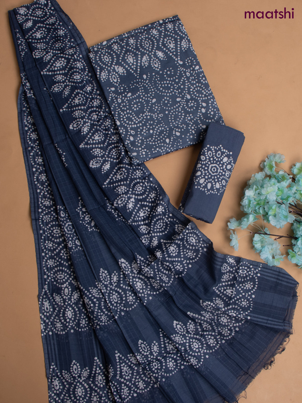 Cotton dress material greyish blue with allover batik prints and hakoba  work bottom & dupatta