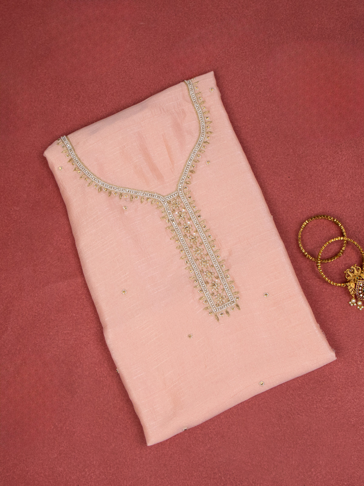 Raw Silk dress material peach with zardosi beaded work neck pattern and bottom & banarasi dupatta