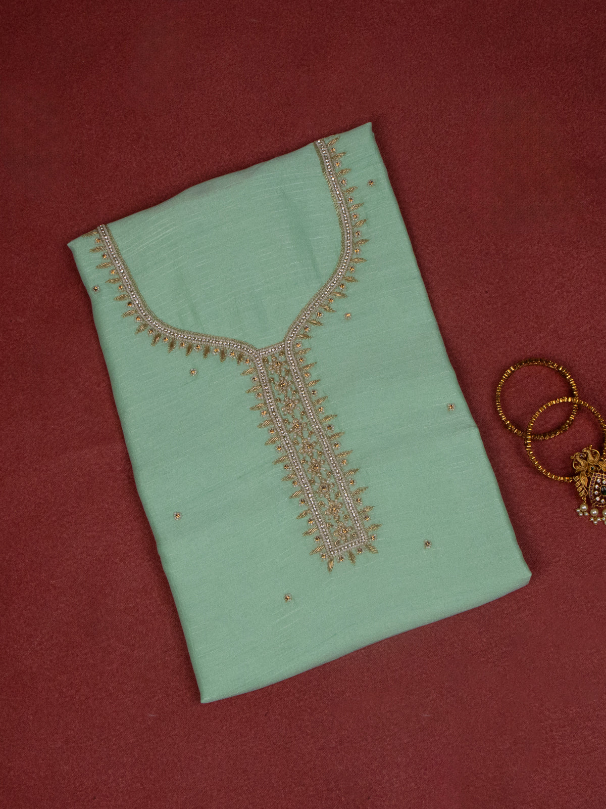 Raw Silk dress material teal shade with zardosi beaded work neck pattern and bottom & banarasi dupatta