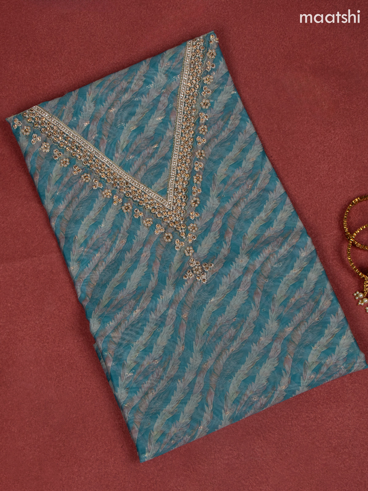 Raw Silk dress material teal blue with allover prints & beaded work v neck pattern and bottom & banarasi dupatta