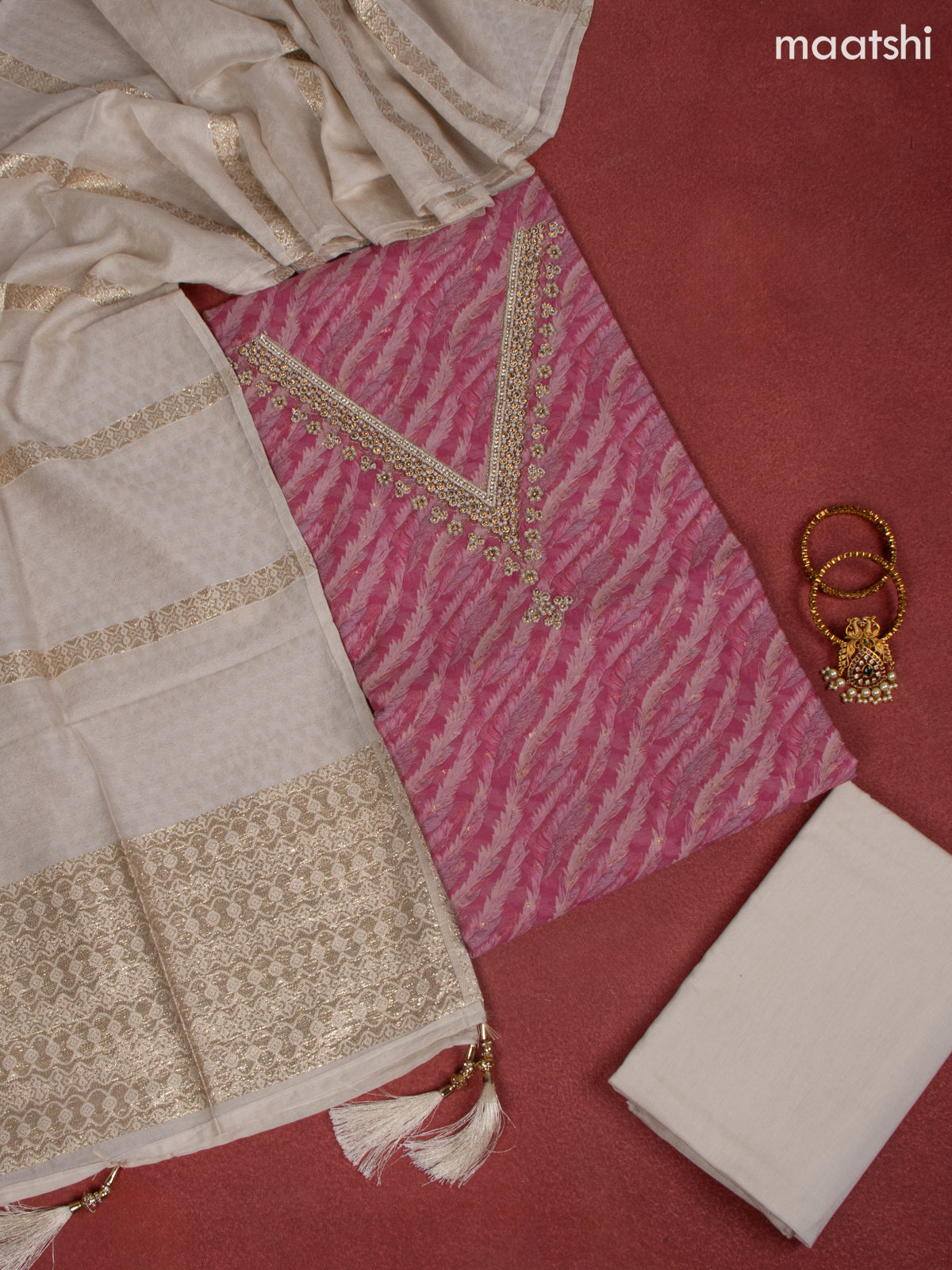 Raw Silk dress material pink with allover prints & beaded work v neck pattern and bottom & banarasi dupatta