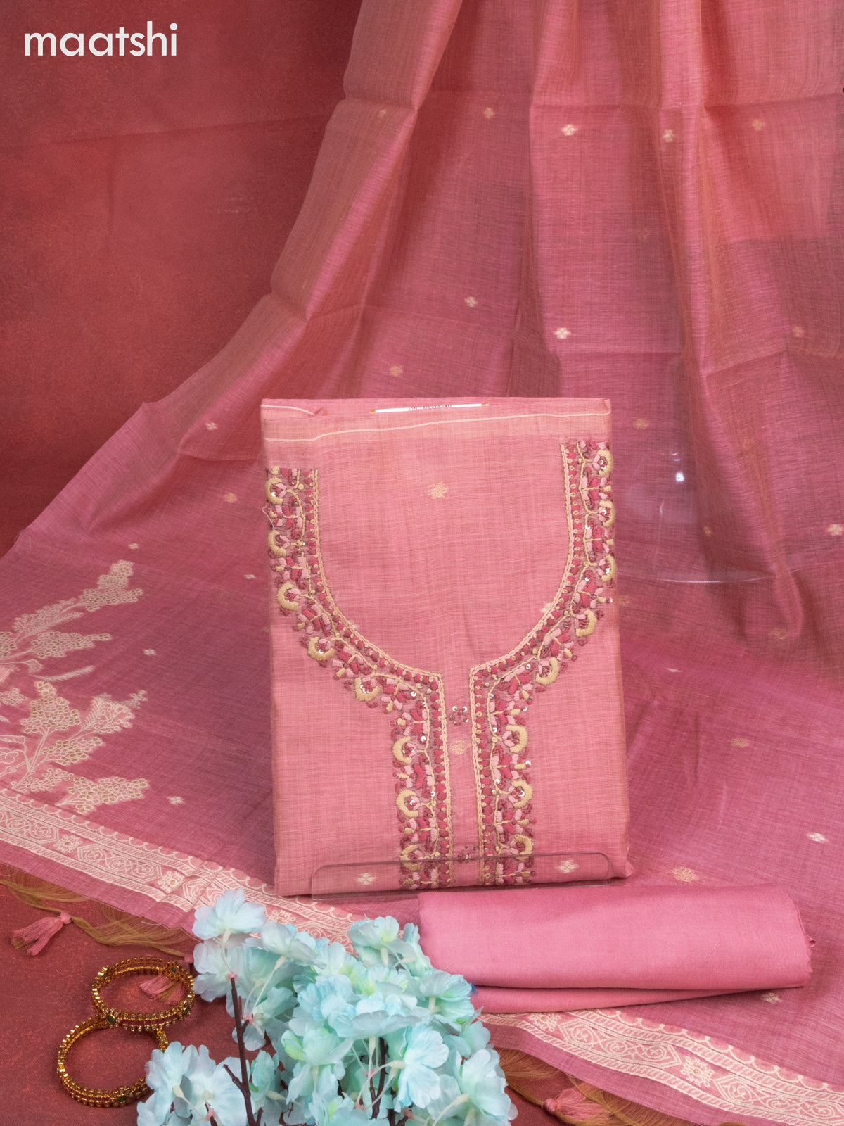 Munga cotton dress material peach pink with woven buttas & sequin embroidery work neck pattern and bottom & thread zari dupatta