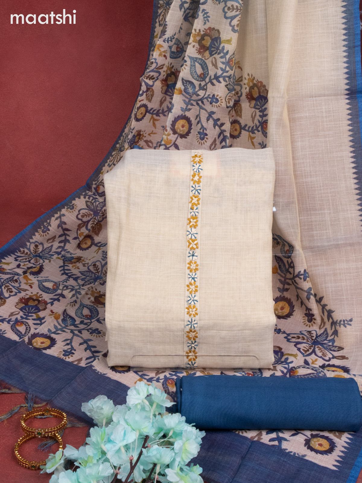 Tissue linen dress material cream and peacock blue with sequin & kantha  stich embroidery work and bottom & printed dupatta