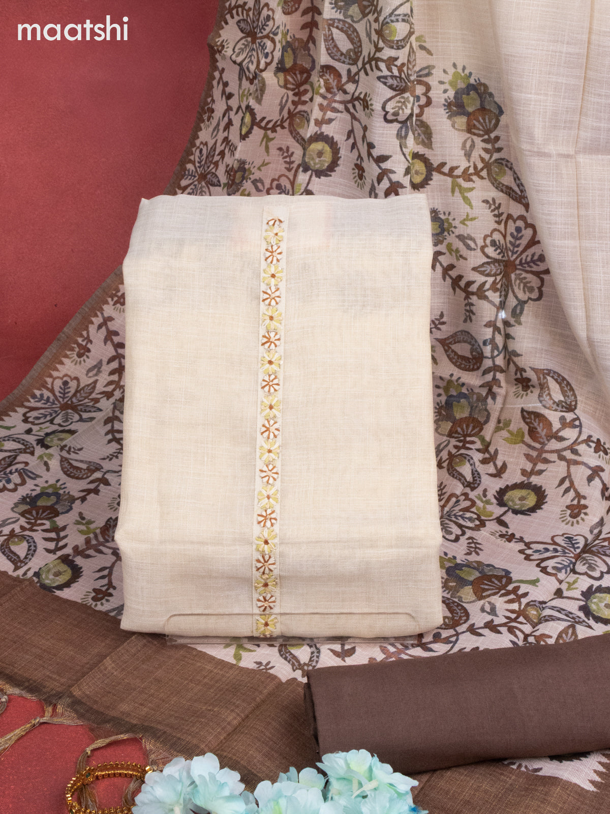 Tissue linen dress material cream and brown with sequin & kantha stich