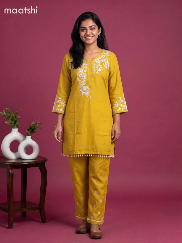 Mustard Yellow Mul Chanderi Embroidery Short Co-Ord Set