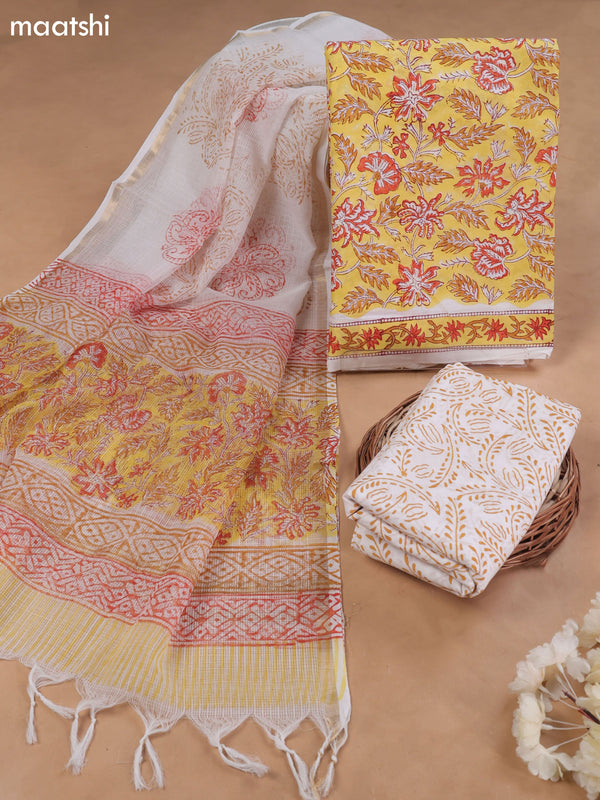 Yellow and Off White Cotton Dress Material With Allover Floral Prints and Bottom & Kota Dupatta
