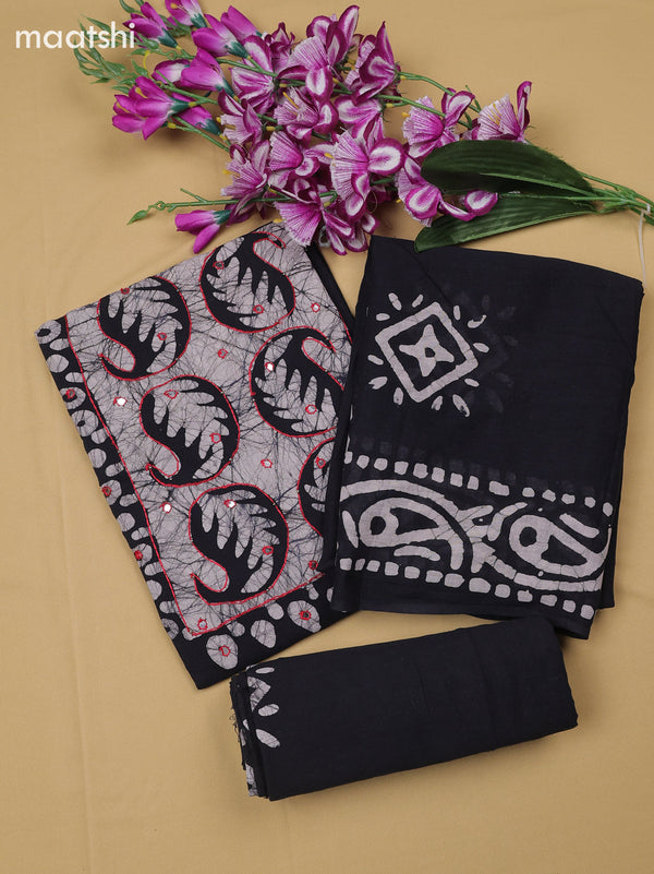Black Cotton Dress Material With Batik Prints & Simple Embroidery Work Neck Pattern